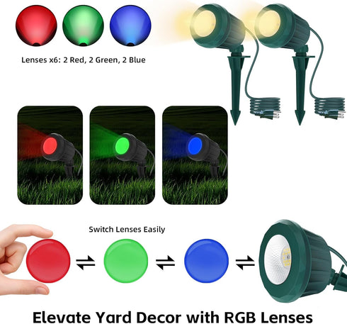 120V 2700K 3 IP67 (2 Pack, Spotlight Outdoor Plug-in, Warm White LED Landscape Spot Lights with RGB Lenses for Yard
