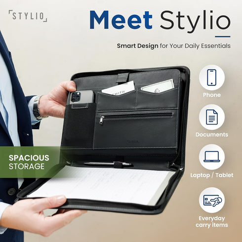 STYLIO Zipper Padfolio Portfolio Binder Organizer, Faux Leather for Documents and Business Supplies