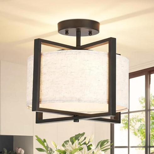 Fabric Ceiling Light Fixture 2 Lights Boho Flush Mount Ceiling Lights Hand-Woven