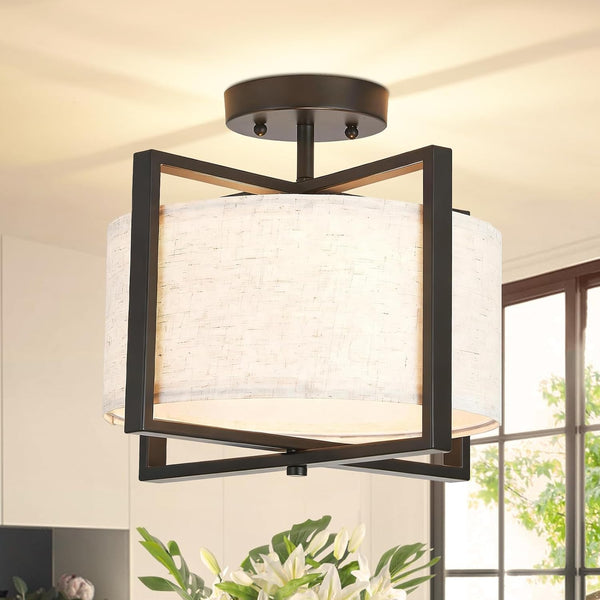 Fabric Ceiling Light Fixture 2 Lights Boho Flush Mount Ceiling Lights Hand-Woven