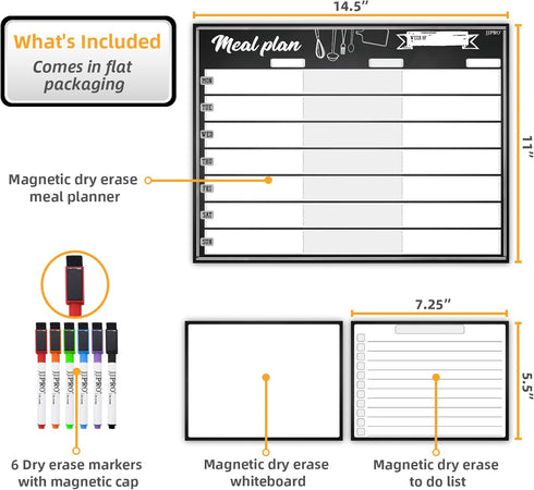 JJPRO Magnetic Dry Erase Meal Planning Whiteboard for Refrigerator-One 14.5x11" Weekly Menu Board and Two Notes Whiteboard for Kitchen Fridge-Refrigerator Organizer with Meal Planner Boards by JJPRO
