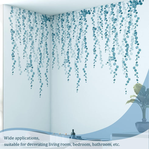 Blue Hanging String of Pearls Succulents Vine Wall Decals Peel and Stick, Large Plants Leaf Vinyl Wall Stickers