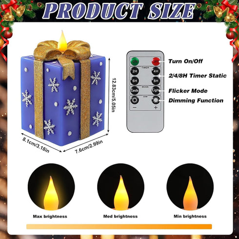 LCZLUMIPRO Christmas Flameless Gift Box Candle Hand-Painted Real Wax LED Candle with Remote Timer Battery Operated Blue