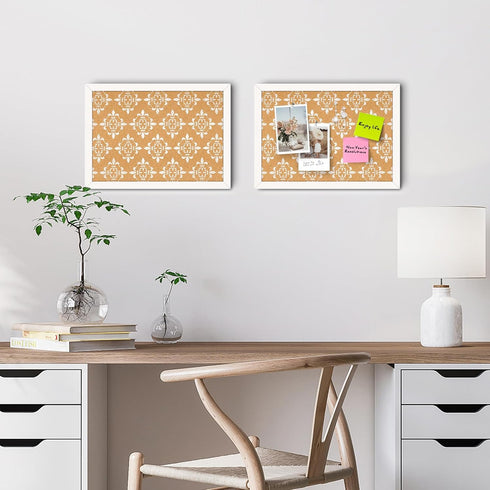 Decorative Cork Board with White Floral Print, Framed Bulletin Board for Office School Bedroom Dorm Room with Pins