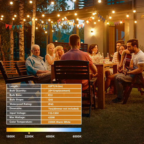 55FT 26 Dimmable G40 Bulbs, 2200K E12 OHLUX Outdoor String Lights, Shatterproof LED Patio Lights with Plastic
