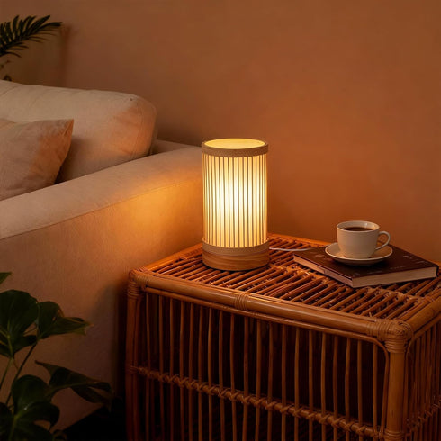 Dimmable Cozy LUSHARBOR Bamboo Table Lamp, Small Boho Rattan Lamp Decorative with Light, Woven Bedside Lamp
