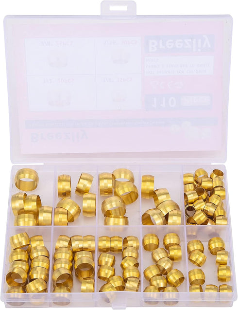 110PCS Brass Compression Fitting Assortment Kit, Tube OD (1/4" 5/16" 3/8" 1/2") Ferrules