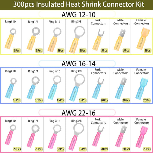 300Pcs Waterproof Heat Shrink Wire Connectors Kit, Automotive Electrical Connector Terminals Kit, Fork Ring and Spade Connectors for Car and Boat (22-10AWG)