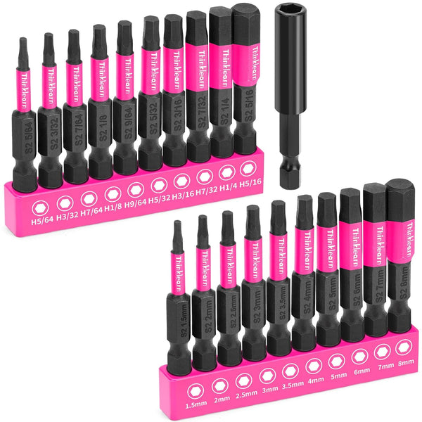 Pink Hex Head Allen Wrench Drill Bit Set, 20pcs (Metric&SAE), 1/4” Hex-Shank S2 Steel with Quick-Change Adapter