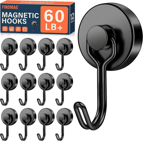 FINDMAG 12 Pack Heavy Duty Magnetic Hooks, 60 LB+ Swivel Hooks for Hanging in Kitchen, Office, Garage