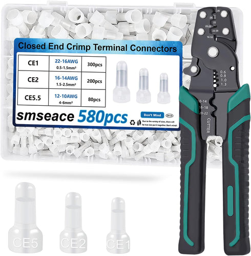 smseace 580pcs Closed End Crimp Terminal with Wire Stripper Crimping Tool, 3-Values Wire End Caps for 22-10AWG
