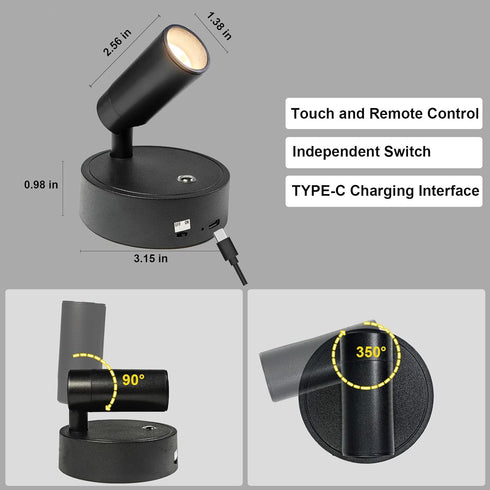 2 Pack Dimmable 3 350 Black LED Lights for Bedroom - Battery Wall Light with Lighting Colors, Rotate, Magnetic and USB