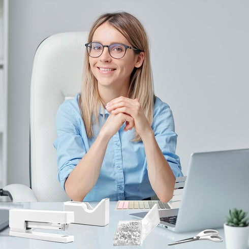 UPIHO White Office Supplies Set, Desk Accessories with Stapler, Tape Dispenser, Scissors, and More for Women