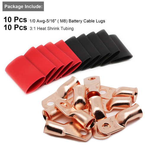 TKDMR 10pcs 1/0 AWG-5/16 Heavy Duty Battery Lugs, Ring Terminals with 10pcs 3:1 Heat Shrink Tubing