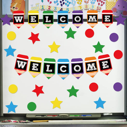 Whaline 57 Pieces Colorful Pencil Design Welcome Bulletin Board Set Back Banner Star Dots Shape Cutouts for Classroom