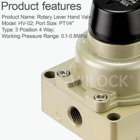 Pneumatic Hand Valve HV-02: Rotary Lever 3 Position 4 Way 1/4" NPT Air Control Flow Valve
