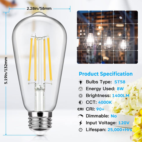 4-Pack Vintage E26 LED Edison Bulbs 100W Equivalent 1400LM High Brightness 8W ST58 LED Filament Light Bulbs 4000K Daylight White Medium Base CRI90+ Antique Clear Glass for Home Office, Non-dimmable by Sucolite
