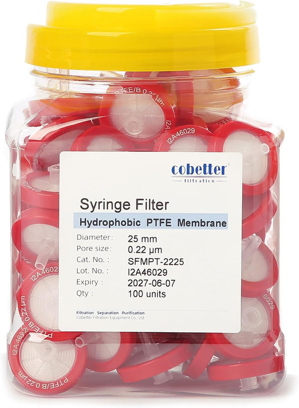 100 Pack PTFE Syringe Filters, 0.22µm Pore Size, 25mm Diameter for Lab Filtration