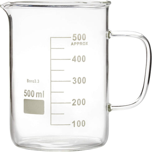 Glass Beaker Mug with Handle, Double Graduated, 500ml (16.9oz/2.1cup) with Pouring Spout