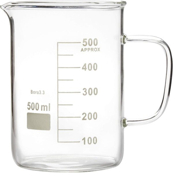 Glass Beaker Mug with Handle, Double Graduated, 500ml (16.9oz/2.1cup) with Pouring Spout