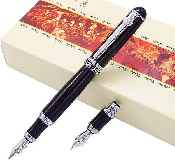 Duke Black Fountain Pen Gift Box Set - Double-Nibs Iridium Medium and Fude Calligraphy Nib for Office/Art