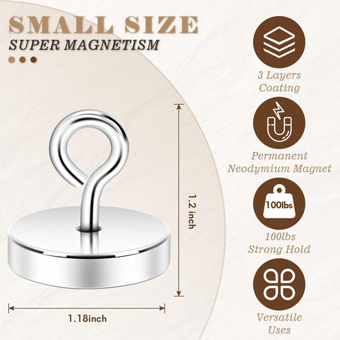 Neosmuk Magnetic Hooks, 100lb Heavy Duty Earth Magnets with Eyebolt for Hanging, Silver, 2 Pack