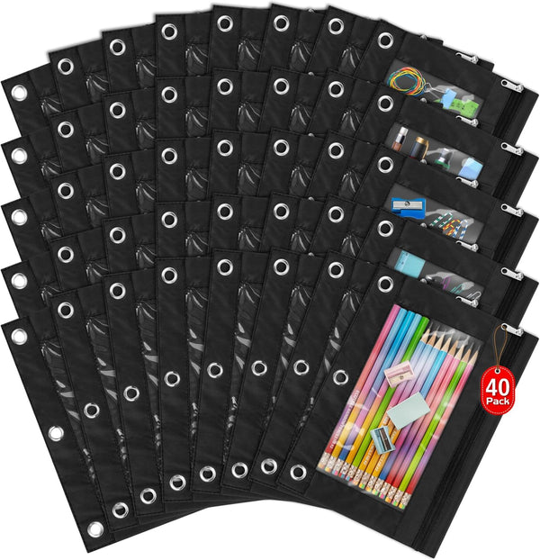 IKAYAS 40 Pack Black Pencil Pouch for 3 Ring Binder, Colorful Zipper Pencil Bags for Classroom Teacher Supplies