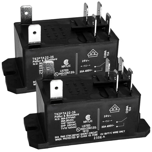 T92P7A22-24 Power Relay (Pack of 2), DPST-NO (2 Form A) - 24VAC, 30A General Purpose