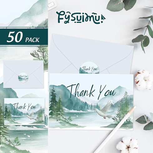 50Pcs FYSUIMU Funeral Thank You Cards Watercolor Mountain Sympathy Cards with Message Bereavement and Envelopes