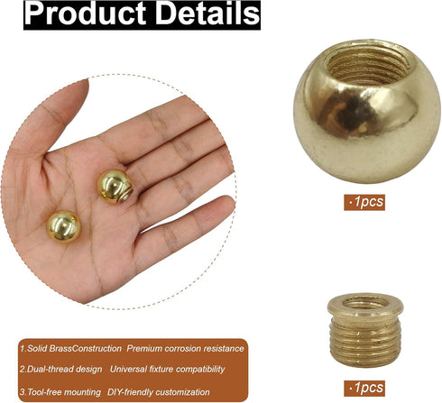 MA&J 0.69/17.5mm 2 Pack Ball Lamp Finials Caps Knob, Solid Brass lamp Shade toppers screw with Brass Reducing Adapter