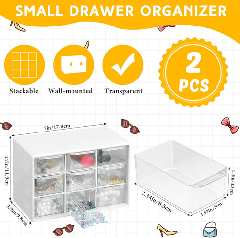 2 Pcs Small Drawer Organizer Teacher Toolbox Small Organizer with 9 Clear Drawers Plastic Desktop Craft Storage Box for Desk Office Classroom Home 7" x 3.9" x 4.7"(White) by Wenqik