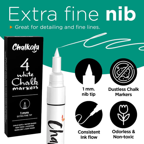 Extra Fine Tip White Chalk Markers, 4 Pack 1mm Point, Dry Erase Marker for Blackboard and Signs