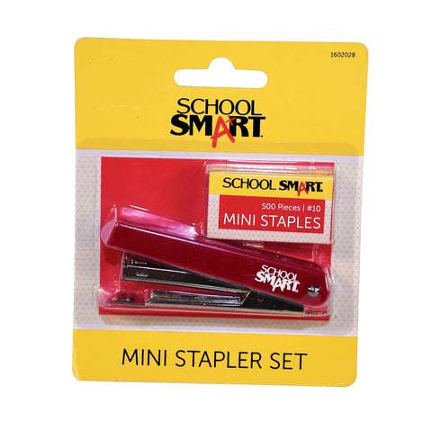 School Smart Mini Stapler Set, Red, with 500 Staples, 20 Sheet Capacity