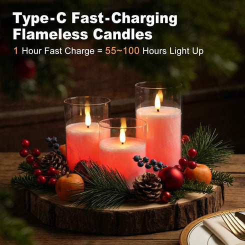 Set 3 Rechargeable Ice Crystal Glass Flameless Candles, RGB Color Changing Realistic Flickering Flameless Candles