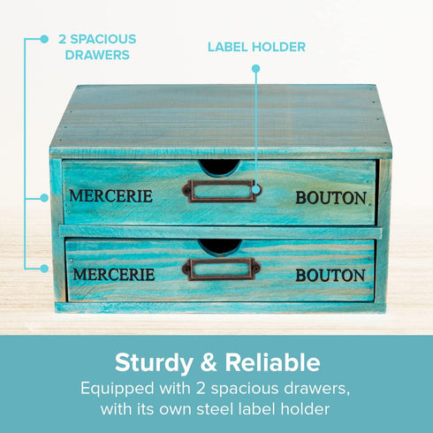 Turquoise 2-Tier Drawer Unit, European Country Style Desk Organizer Box with Label Holder for Countertop