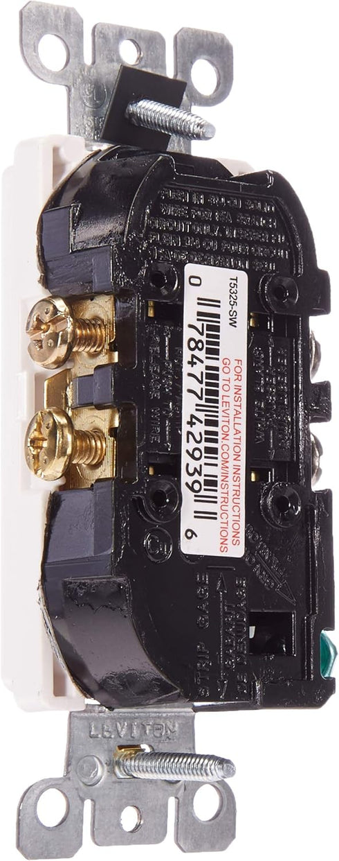 Leviton T5325-SW 15 Amp NEMA 5-15R 2 Pole 3-Wire Tamper Resistant Decora Duplex Receptacle, Self Grounding, White