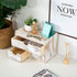 ZHWS Rustic Distressed White 3-Tier Wood Desk Organizer, Mini Desk Storage Shelf with 3 Drawers for Office Supplies