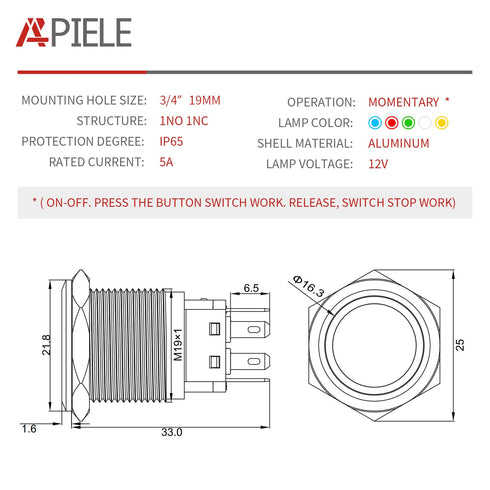 APIELE 19mm Momentary Push Button Switch - On Off Aluminium Alloy with 12V LED Angel Eye Head