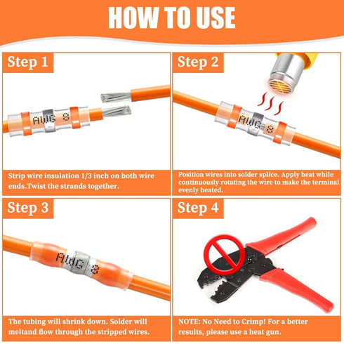 200PCS Solder Seal Wire Connectors Orange 8 AWG, Marine Grade Self Soldering Heat Shrink Waterproof Electrical Butt
