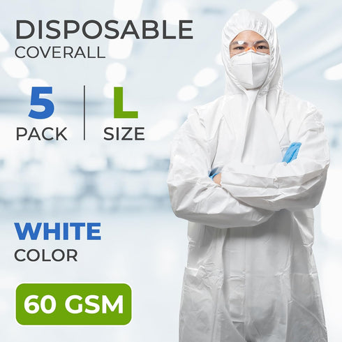 Pack 5 60 AMZ Medical Supply White Disposable Coveralls with Hood, Large. of Microporous Lab Coveralls for Men