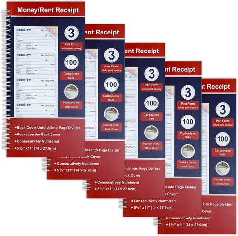 IWIZPRINT Money and Rent Receipt Book 3-Part Carbonless 5-1/2" x 11" Spiral Bound