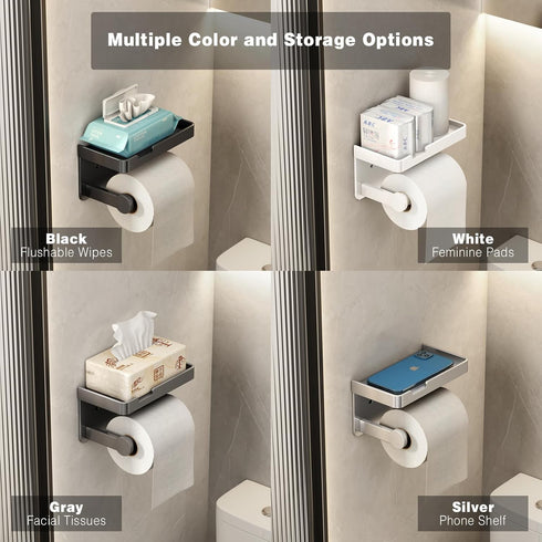 VOLDRA Toilet Paper Holder with Phone Shelf, Self-Adhesive or Screw-in Toilet Tissue Roll Holder Wall Mount, Rustproof