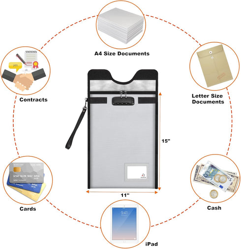 Fireproof Document Bag with Lock (5200 ) - 15 x 11 Waterproof Zipper Pouch for A4 A5 Legal Letter Size Document,