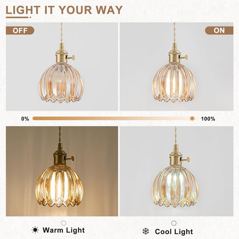 Mini Pendant Lights Kitchen Island, Small Adjustable Pendant Light Fixture with Amber Tulip Glass Lampshade, Vintage