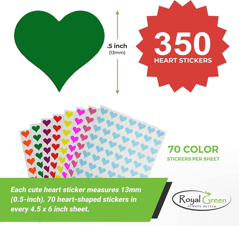 Royal Green Decorative Heart Stickers - Cute Scrapbooking, Packaging, Arts & Crafts, 0.5 inch, 350-Pack (White)