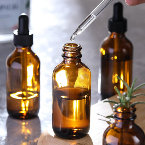 AOZITA Set of 4, 1 oz Eye Dropper Bottles with 1 Stainless Steel Funnel & 4 Labels - 30ml Dark Amber Glass