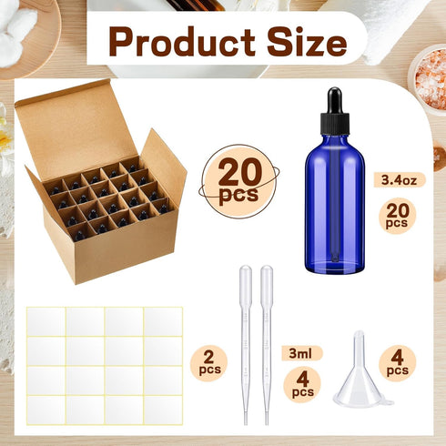 Tessco 20 Pack 3.4 oz Dropper Bottles, Empty Glass Bottles with Dropper Top Cap and Accessories for Oils