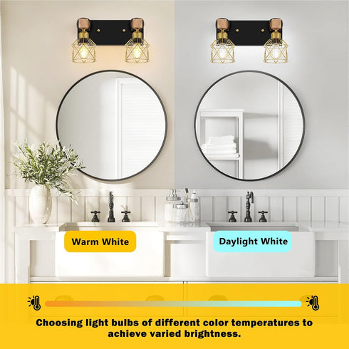 2-Light FadimiKoo Rustic Style Wood Bathroom Wall Sconces, Black Gold Bathroom Vanity Light Fixtures with Metal Shade