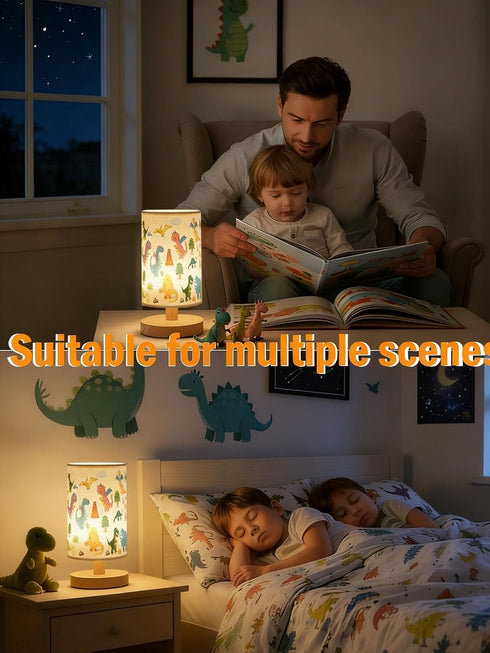 Boys,3 Dimmable Kids Table Lamp for Bedroom,Dinosaur Room Decor for Level Wood Nightstand Desk Base Flaxen Fabric Shade