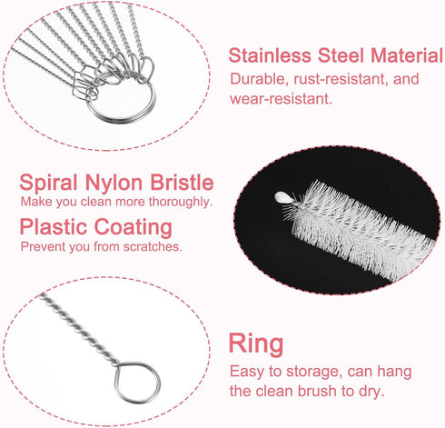uxcell Straw Cleaner Brush Set, 8.3 Inch Nylon Tube Pipe Cleaners, Set of 10 Stainless Steel Brushes